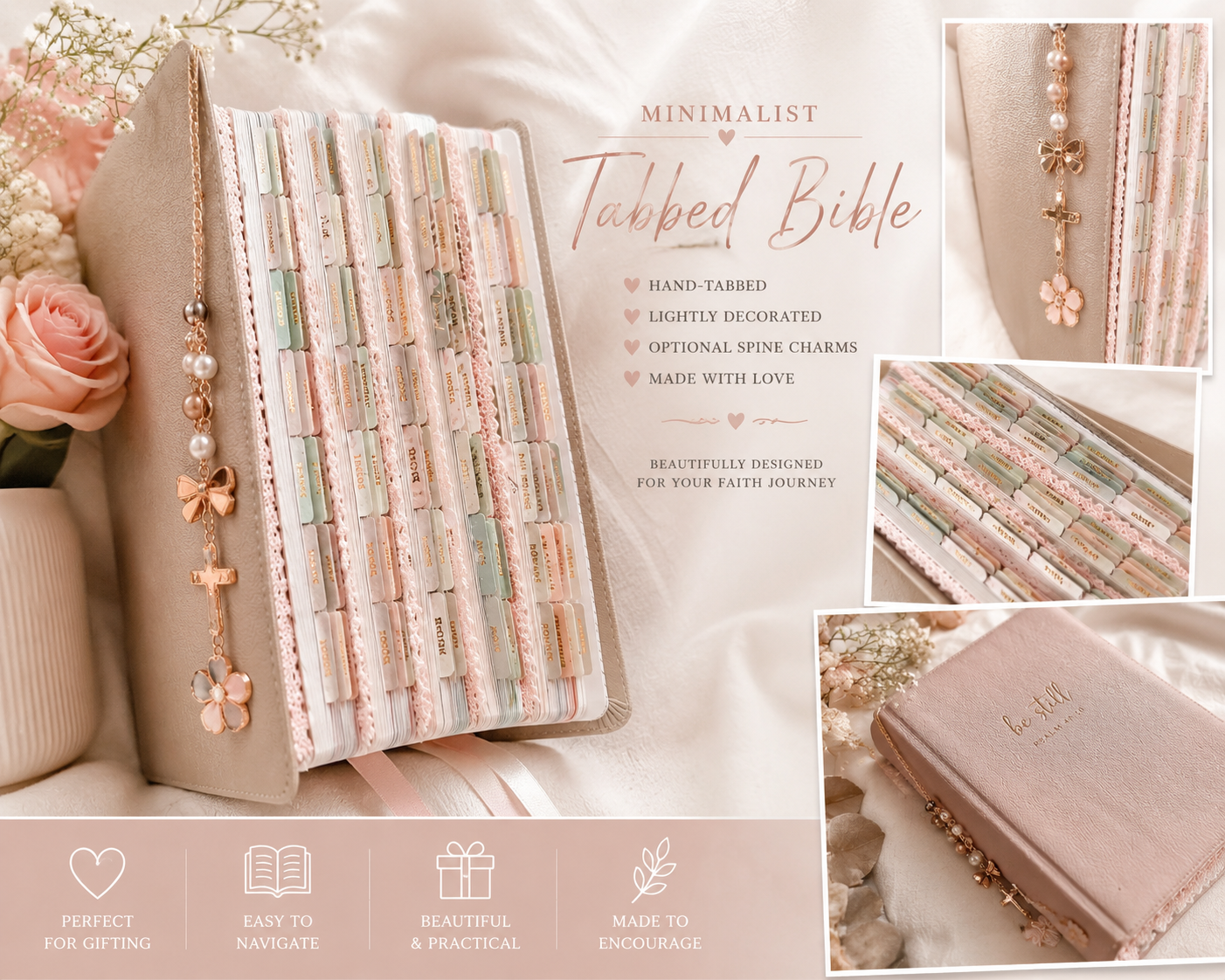 Minimalist Tabbed Bible | Hand Decorated Bible with Rose Gold Tabs | Aesthetic Christian Gift for Women | Bible Study Gift