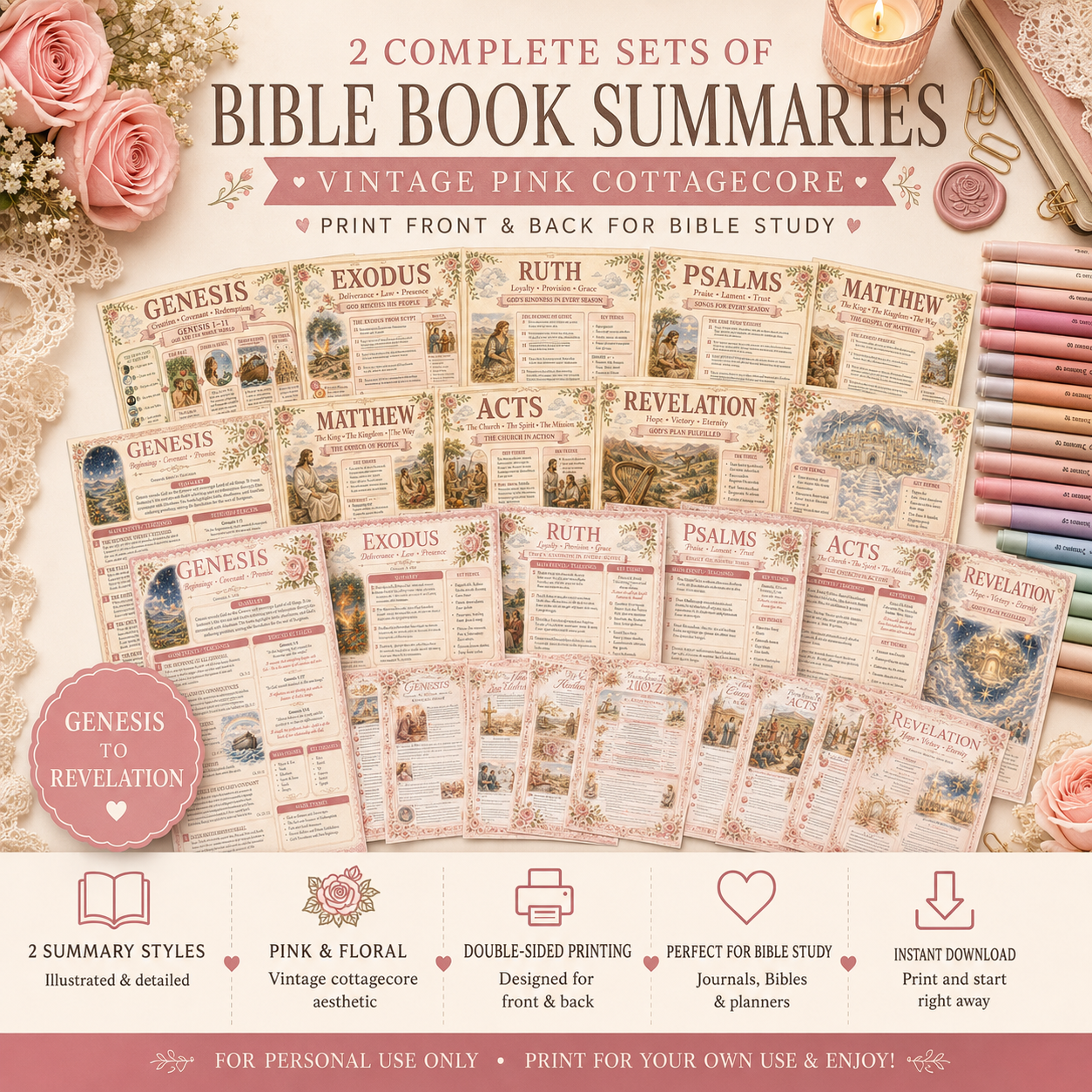 Bible Book Summary Pages Printable | 2 Complete Sets | Double-Sided A5 Bible Study Inserts | Vintage Pink Cottagecore Download