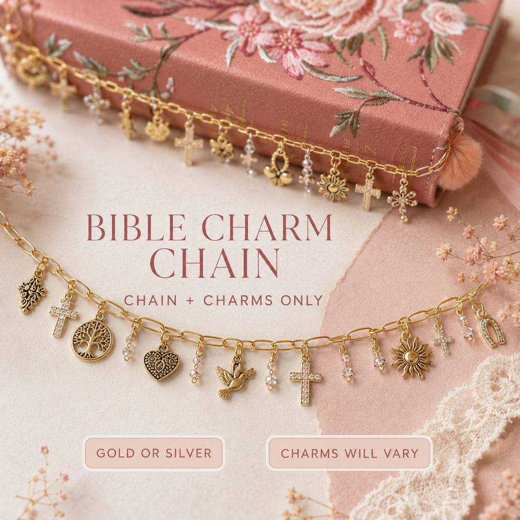 Bible Charm Chain – Gold or Silver Christian Bible Accessory with 11 Charms