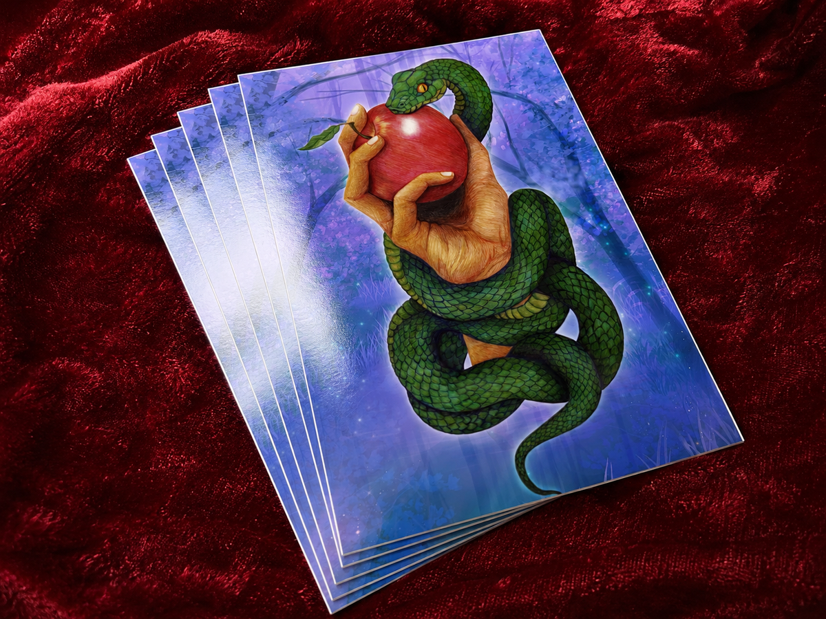 Forbidden Fruit Snake & Apple A5 Art Print – Original Ballpoint Pen Artwork