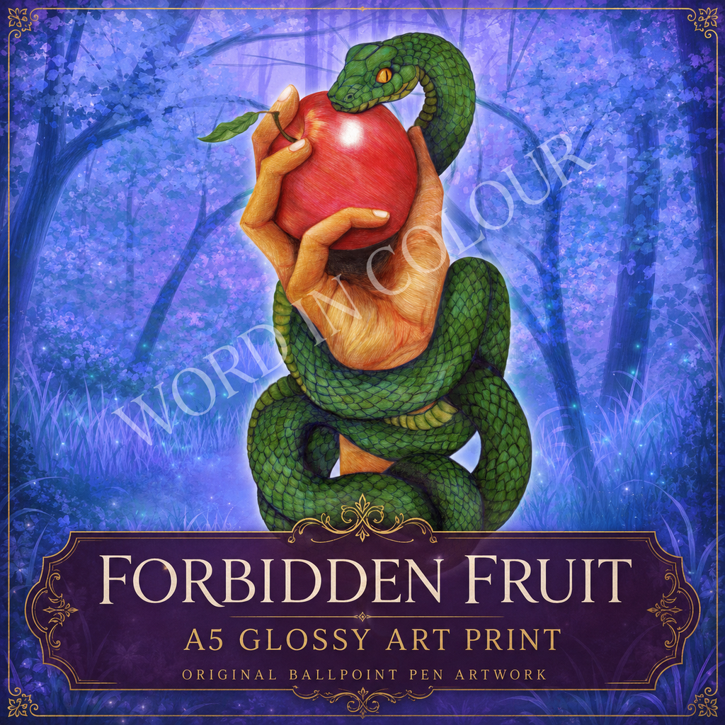 Forbidden Fruit Snake & Apple A5 Art Print – Original Ballpoint Pen Artwork
