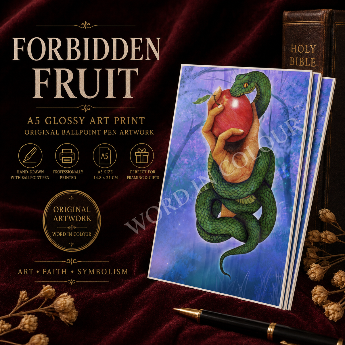 Forbidden Fruit Snake & Apple A5 Art Print – Original Ballpoint Pen Artwork