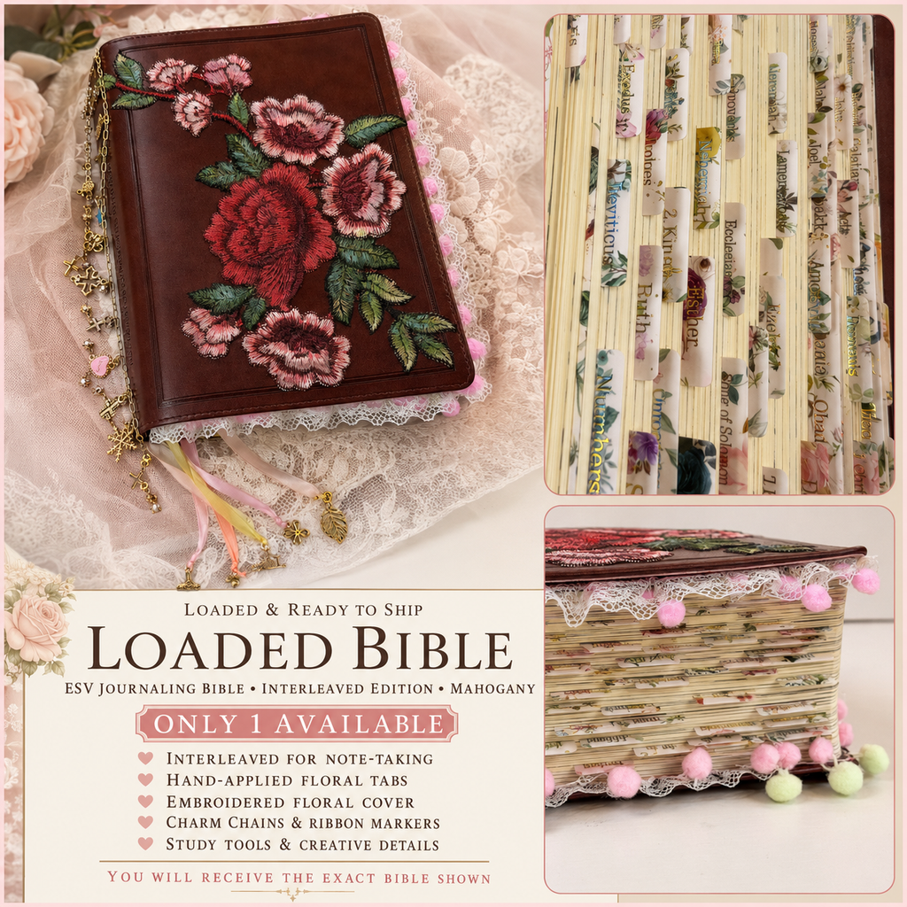 Fully Loaded ESV Interleaved Journaling Bible – Mahogany | Book Summaries, Study Tip-Ins & Embroidered Floral Cover | Ready to Ship