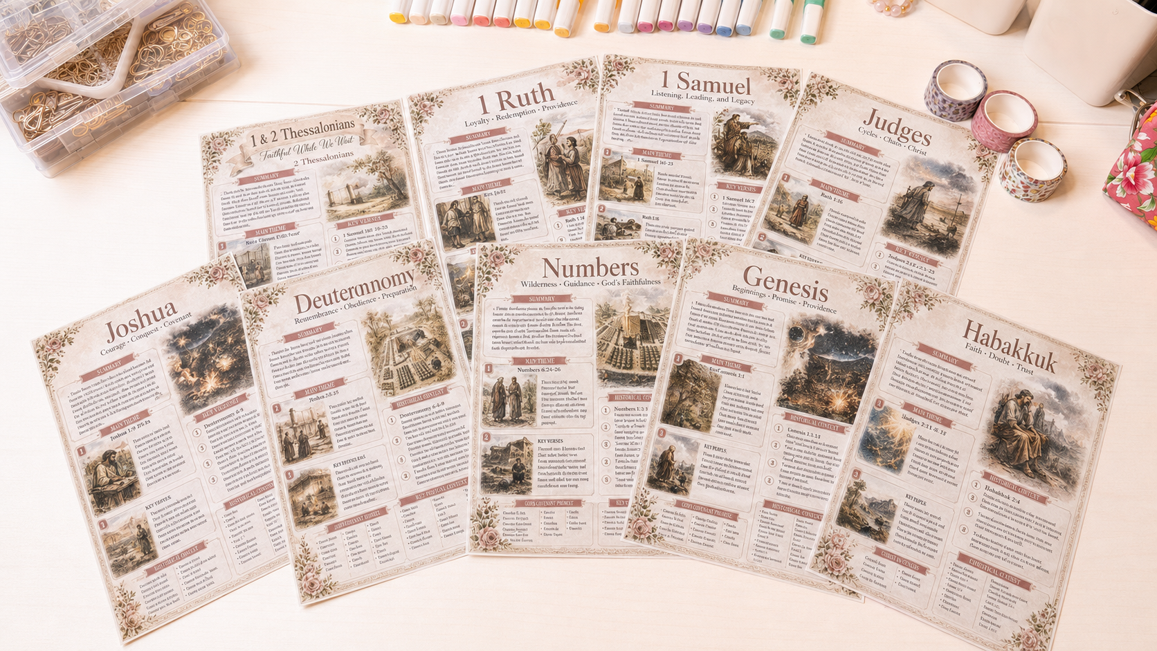 Bible Book Summary Pages Printable | 2 Complete Sets | Double-Sided A5 Bible Study Inserts | Vintage Pink Cottagecore Download
