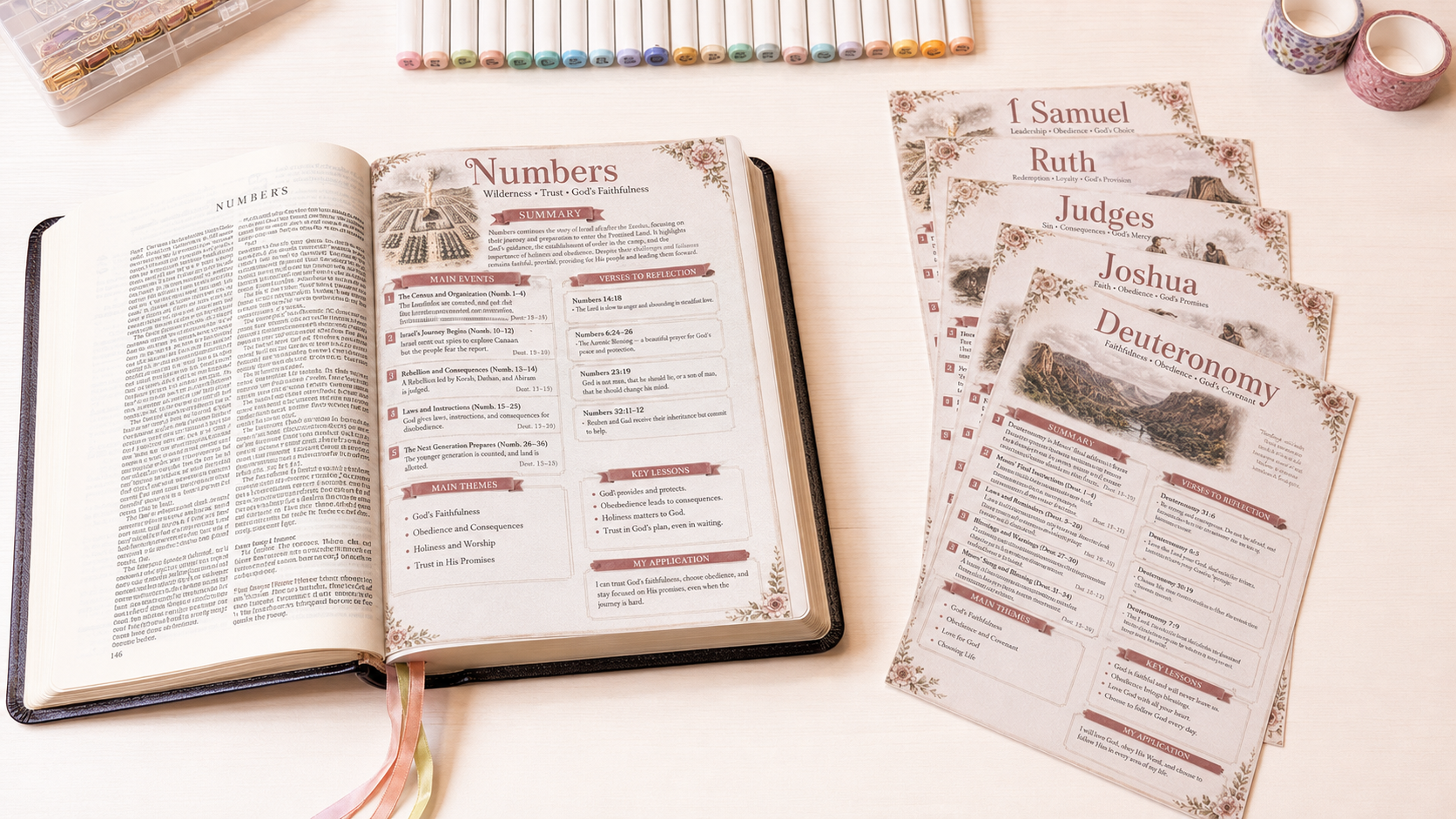 Bible Book Summary Pages Printable | 2 Complete Sets | Double-Sided A5 Bible Study Inserts | Vintage Pink Cottagecore Download