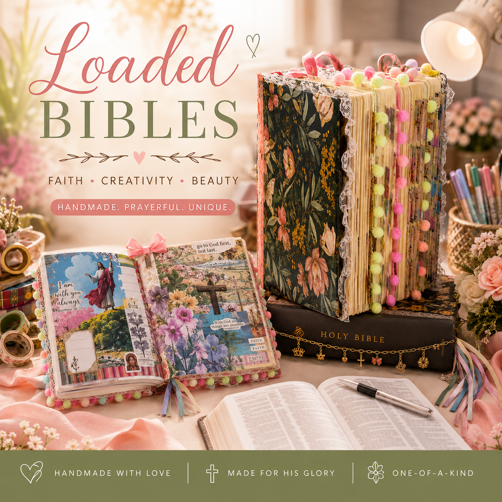 A styled product display of handmade decorated Bibles on a soft pink tabletop. A dark floral Bible stands upright on a smaller black Holy Bible, next to an open Bible with colorful floral and script embellishments.
