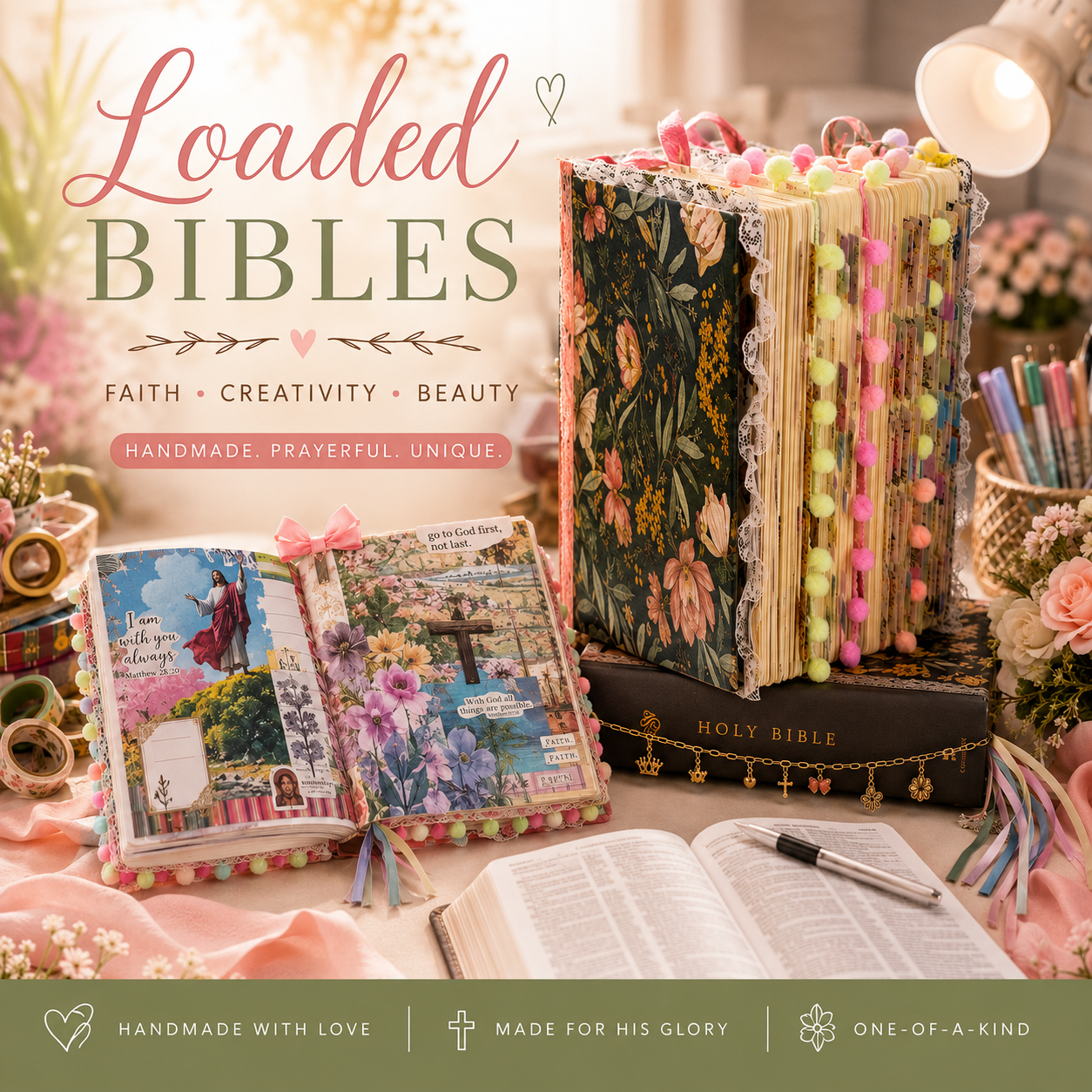 A styled product display of handmade decorated Bibles on a soft pink tabletop. A dark floral Bible stands upright on a smaller black Holy Bible, next to an open Bible with colorful floral and script embellishments.