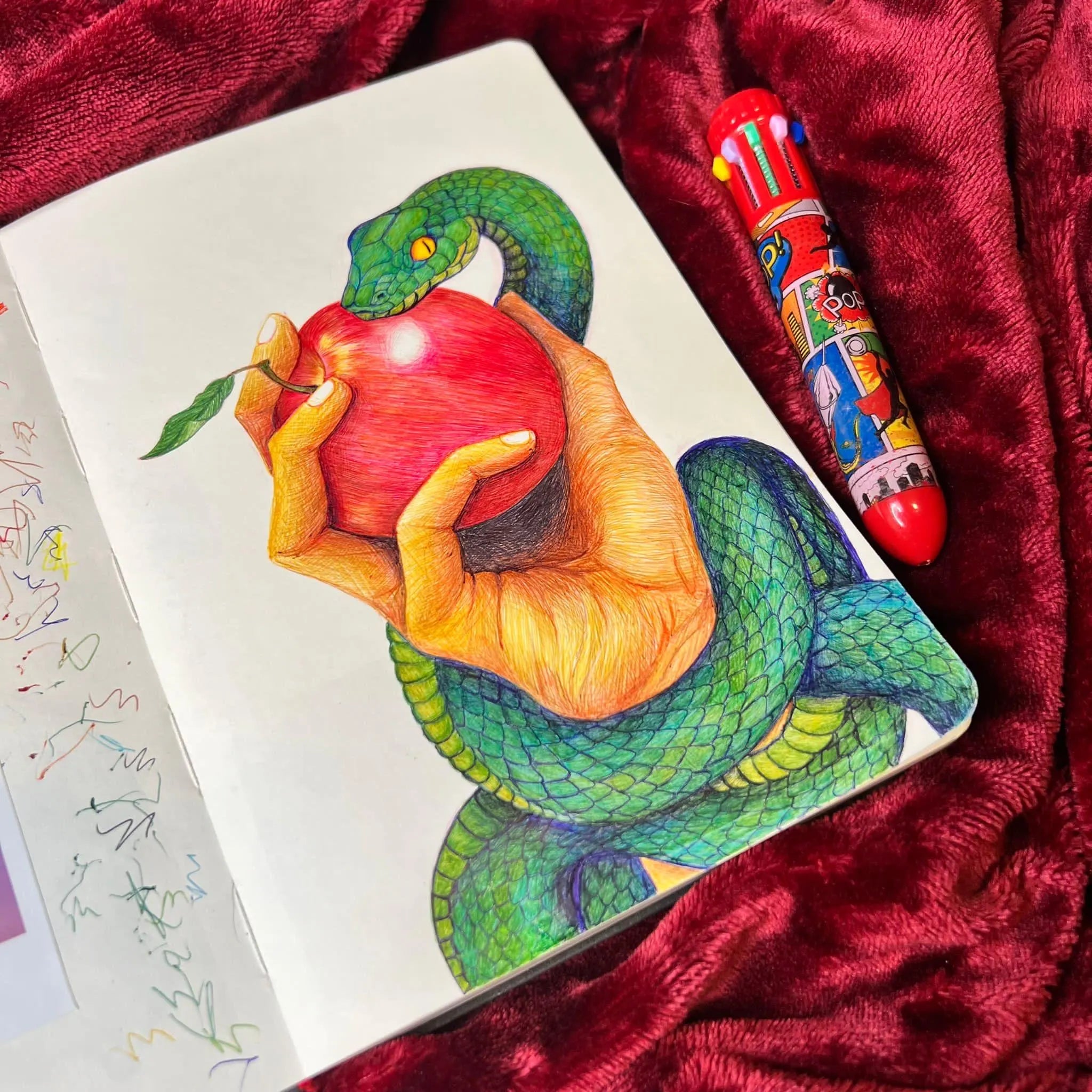 Forbidden Fruit Vinyl Sticker – Snake & Apple Original Ballpoint Pen Artwork
