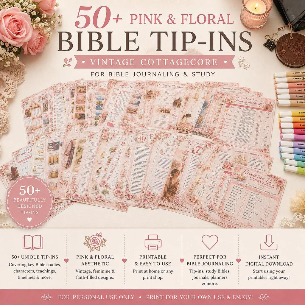 50+ Pink Floral Bible Tip-Ins Printable | Vintage Cottagecore Bible Journaling Kit | Christian Journal Inserts | Digital Download