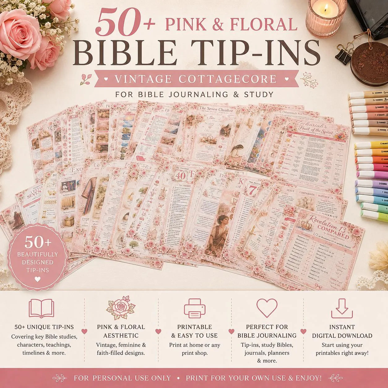 50+ Pink Floral Bible Tip-Ins Printable | Vintage Cottagecore Bible Journaling Kit | Christian Journal Inserts | Digital Download